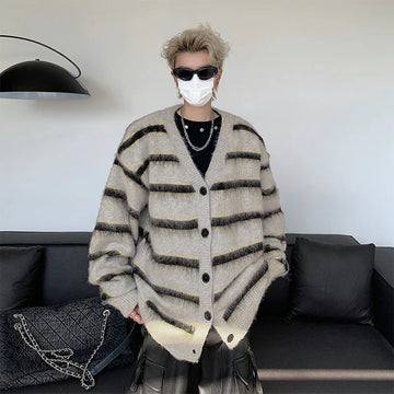 Striped Cardigan Men Winter Chic Knitwear Slouchy Baggy Japanese Style Harajuku Long Sleeve High Street Hip Hop Fashion College